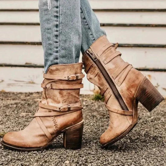 Women's Retro Leather Boots Belt Buckle Detail Brown - 
Fashinoza
