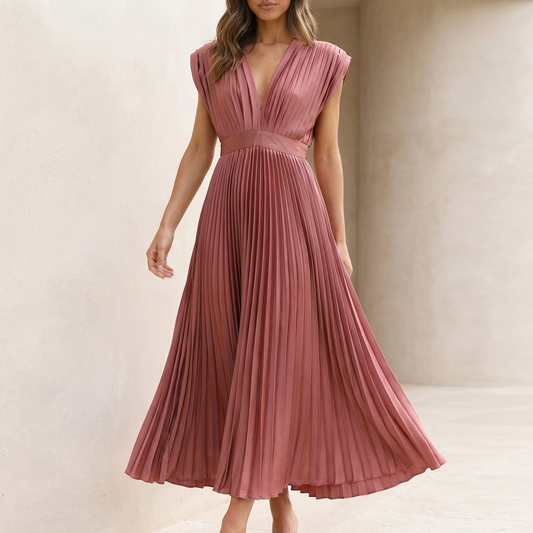 Women's Pleated Maxi Dress V-Neck Defined Waist - 
Fashinoza