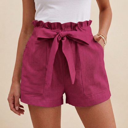 Women's Relaxed Fit Paperbag Shorts Cotton Self-Tie Beige