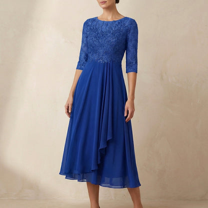 Women's Embroidered Midi Dress Sheer Sleeves Pockets