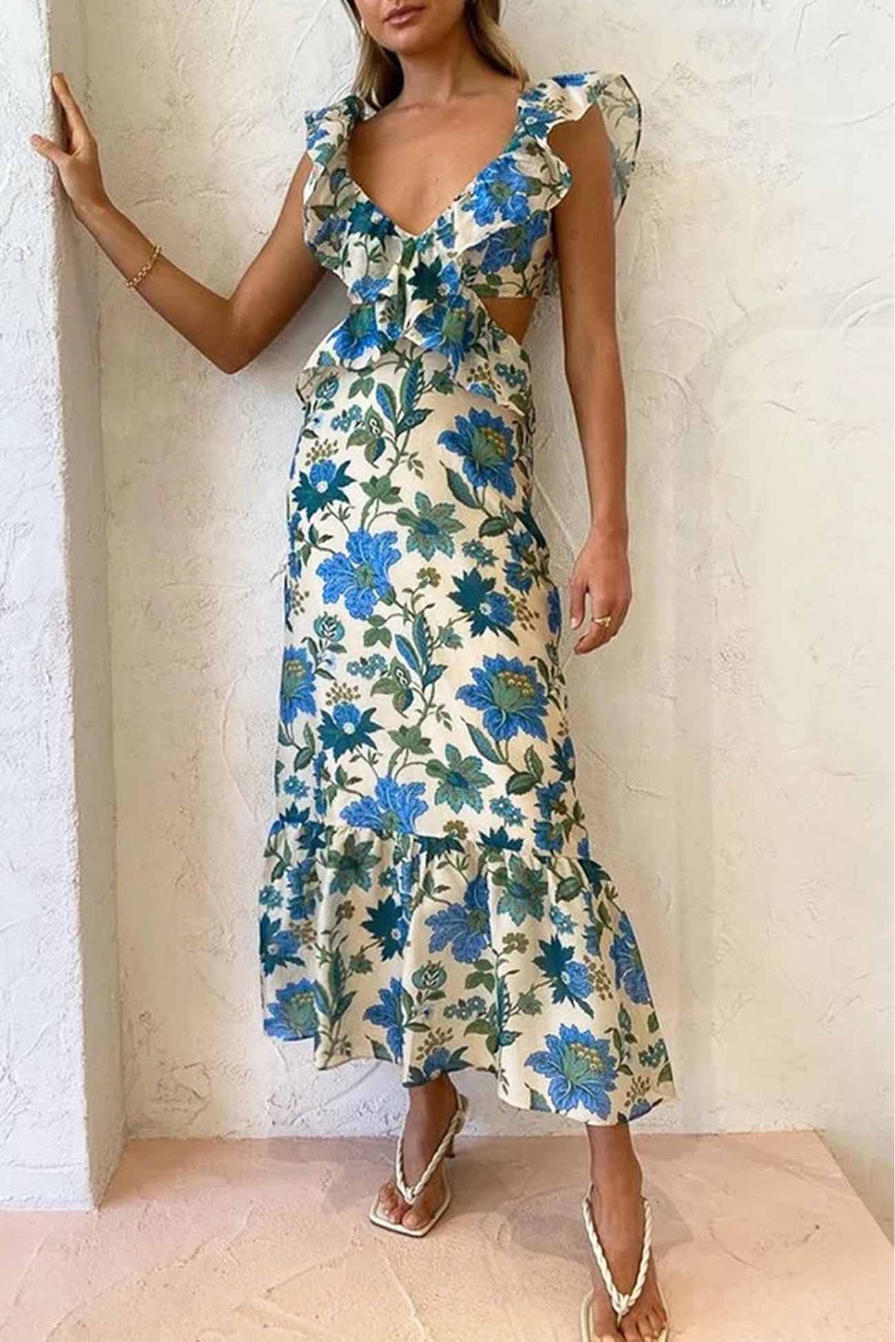 Women's Midi Dress V-Neck Floral Print