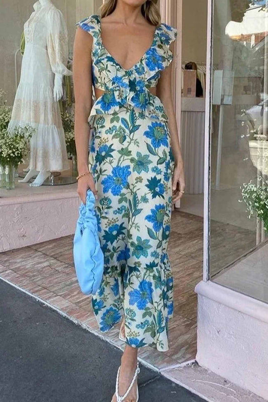 Women's Midi Dress V-Neck Floral Print - 
Fashinoza