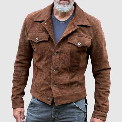 Men's Suede Leather Jacket Rugged Brown - Fashinoza