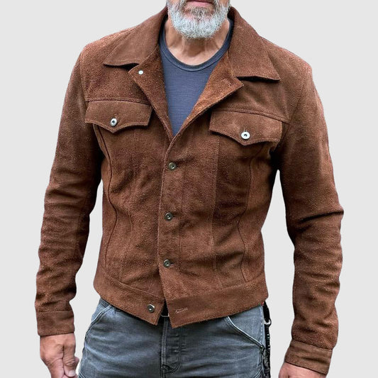Men's Suede Leather Jacket Rugged Brown - Fashinoza