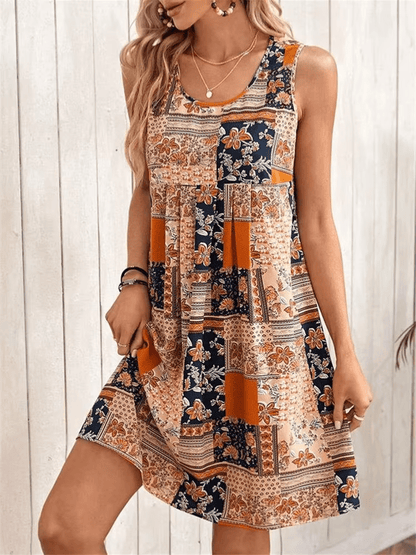 Women's Boho Patchwork Mini Dress Sleeveless - Fashinoza
