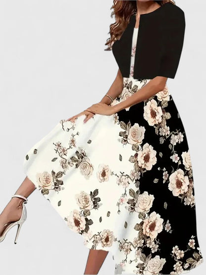 Women's Floral Midi Dress 3/4 Sleeve A-Line