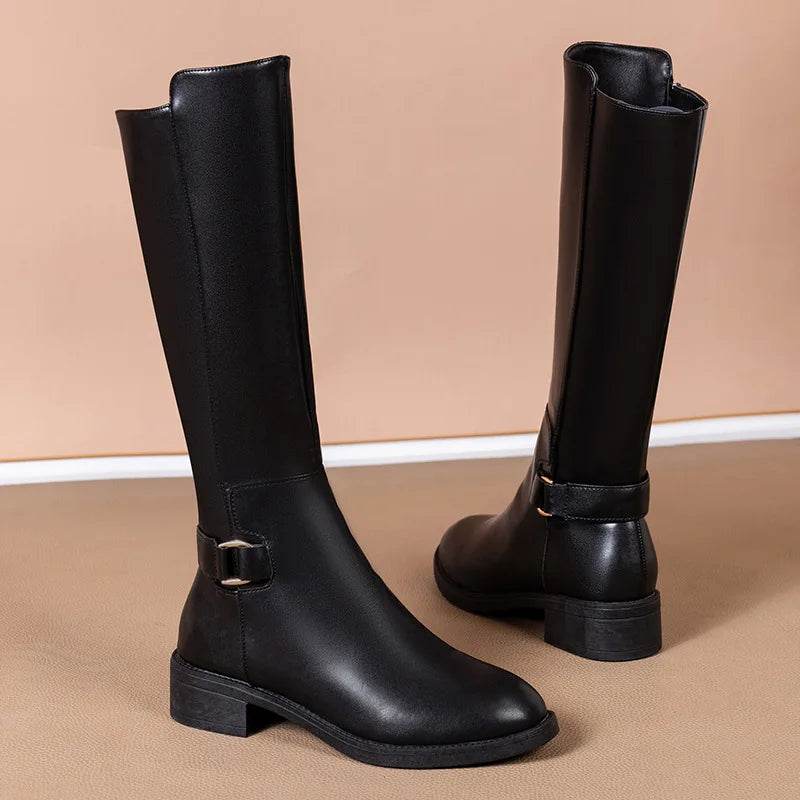 Women's Black Knee High Boots Metal Buckle Side Zip - Fashinoza