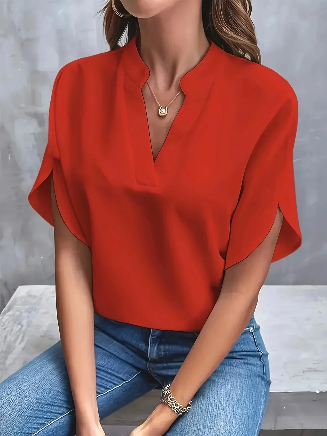 Women's Short Sleeve Split Neck Blouse