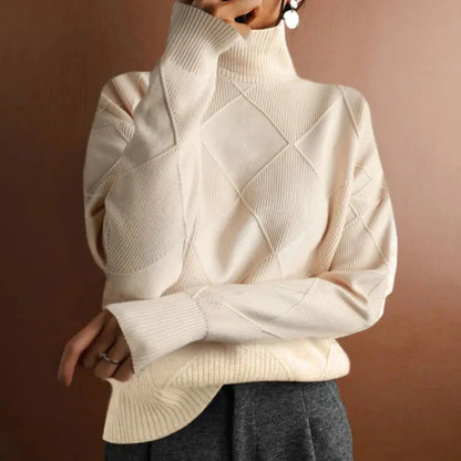 Geometric Ribbed Relaxed Fit Wool Turtleneck Sweater for Women – Cozy & Stylish Everyday Wear Caliboot