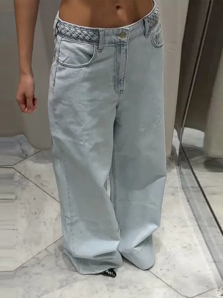 Women's Wide Leg Denim Trousers Low Waist Blue