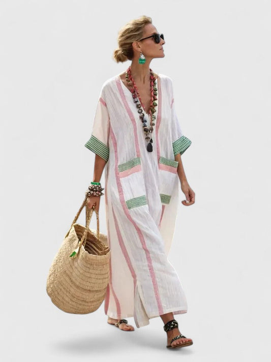 Women's V-Neck Maxi Dress Stripe Detail - Fashinoza