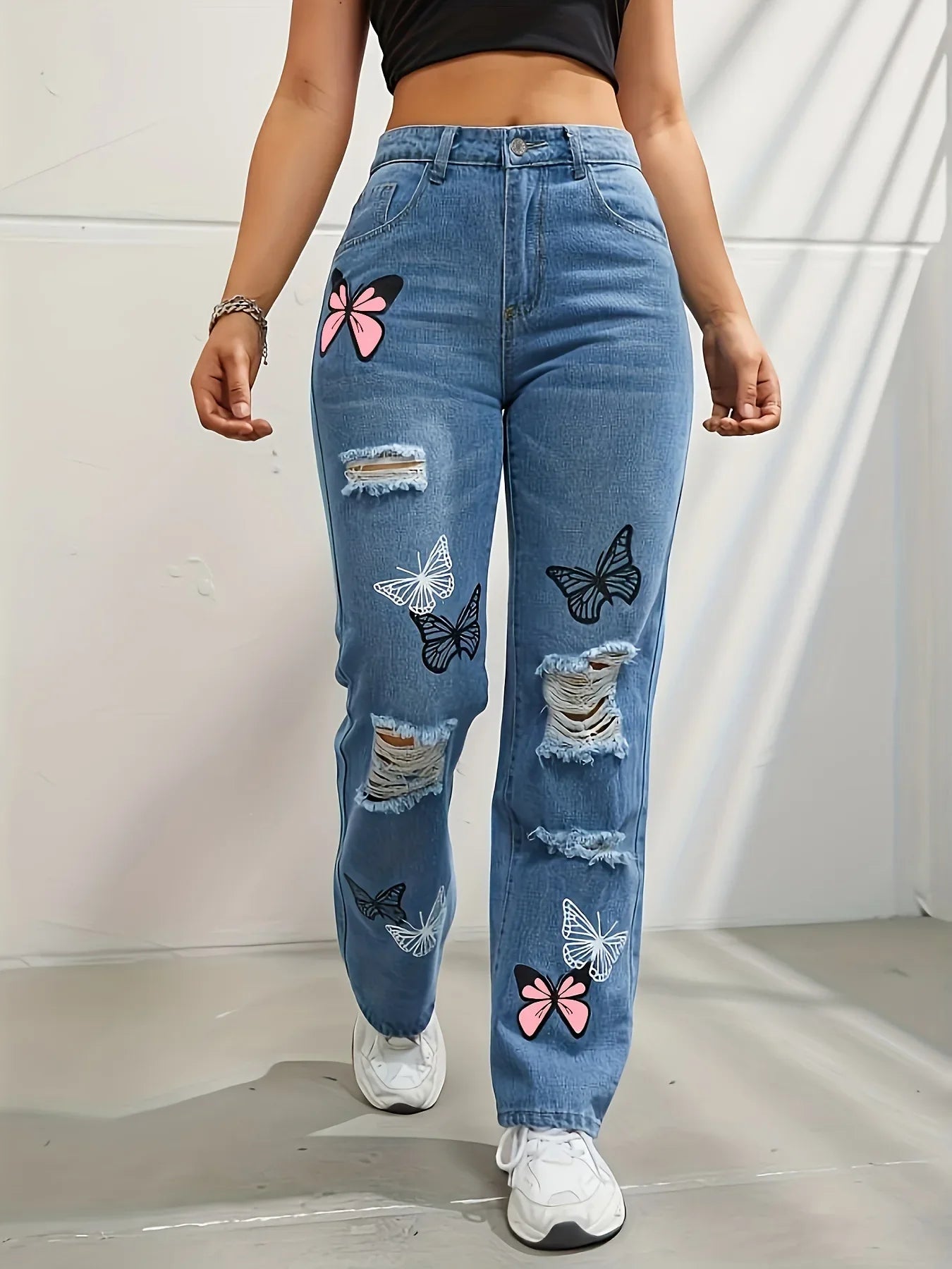 Women's High Waist Distressed Denim Jeans Straight Leg Ripped Details
