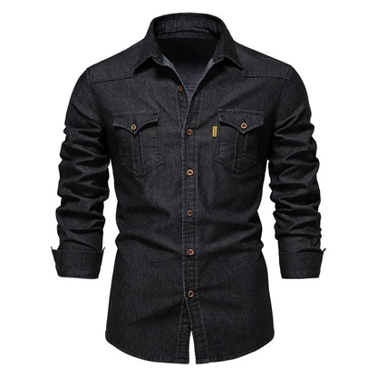 Men's Long Sleeve Shirt Cotton Contrast Buttons Fold Down Collar