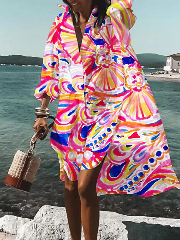 Women's Mini Floral Long Sleeve Shirt Dress