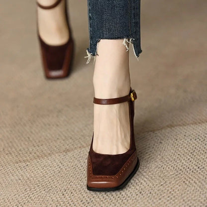 Women's Block Heel Pumps Ankle Strap Brown Leather