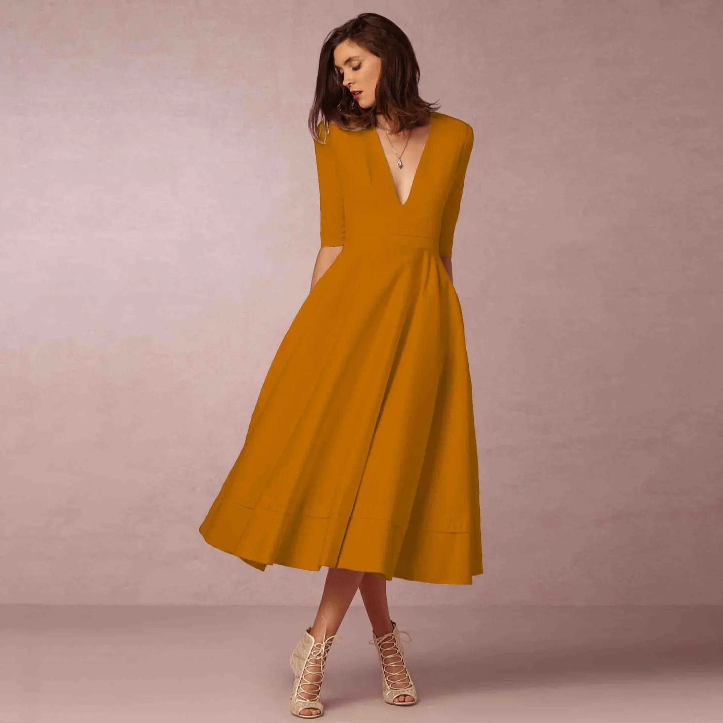 Women's Deep V-Neck Midi Dress Half Sleeves Flared Skirt