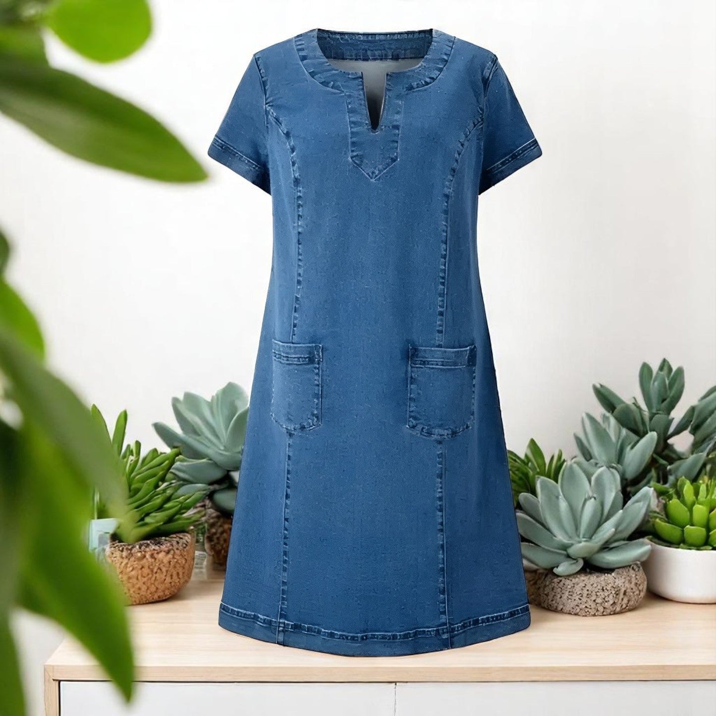 Women's Split Neck Dress Stitched Trim