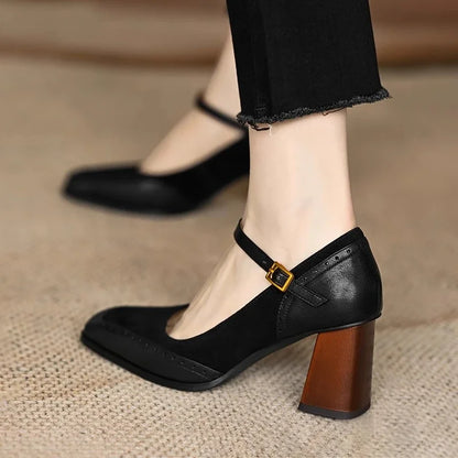 Women's Block Heel Pumps Ankle Strap Brown Leather