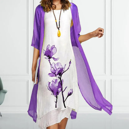 Women's Floral Print Dress Set Sheer Cardigan
