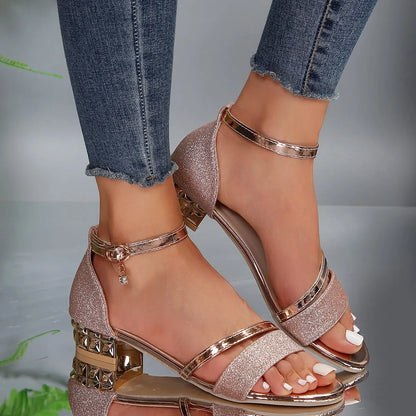 Stella Women's Block Heel Sandals Ankle Strap Gold Detail