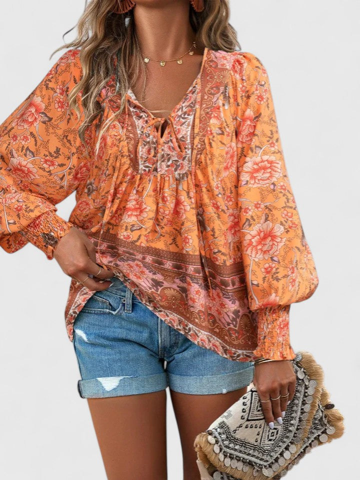 Women's V-Neck Puff Sleeve Blouse Floral
