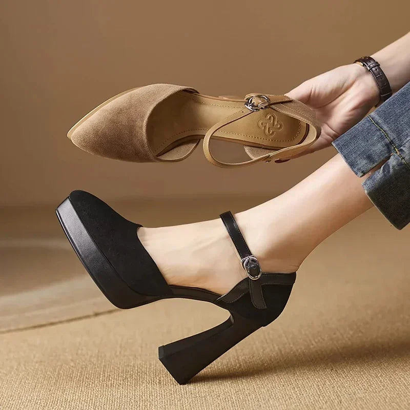 Women's Ankle Strap High Heels Block Pumps