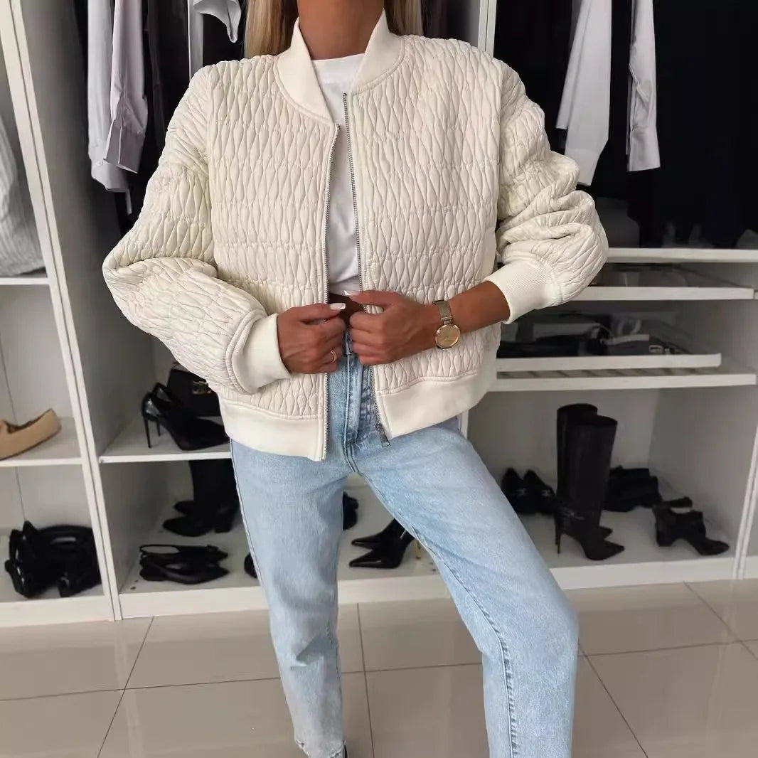 Women's Quilted Bomber Jacket Zip Front Ribbed Trim - Fashinoza