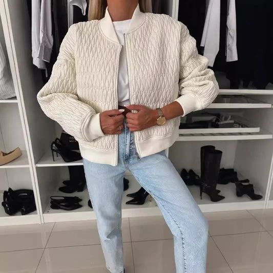 Women's Quilted Bomber Jacket Zip Front Ribbed Trim - Fashinoza