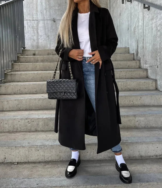 Women's Double-Breasted Winter Coat Wool Classic Fit Waist Belt Black