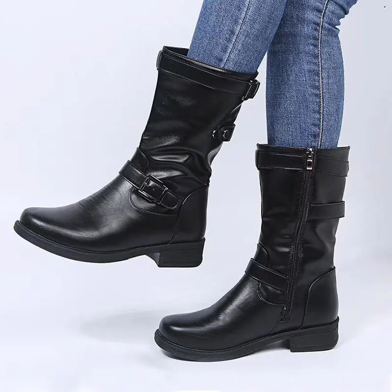 Women's Mid Calf Boots Buckle Accent - Fashinoza