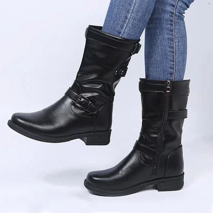 Women's Mid Calf Boots Buckle Accent - Fashinoza