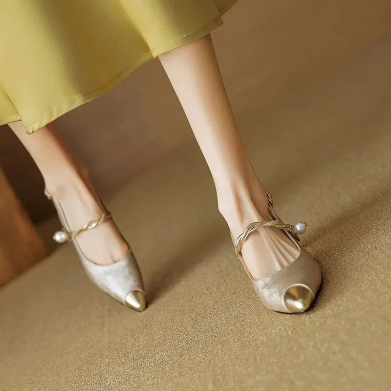 Women's Pearl Kitten Heel Pumps Pointed Toe Slingback