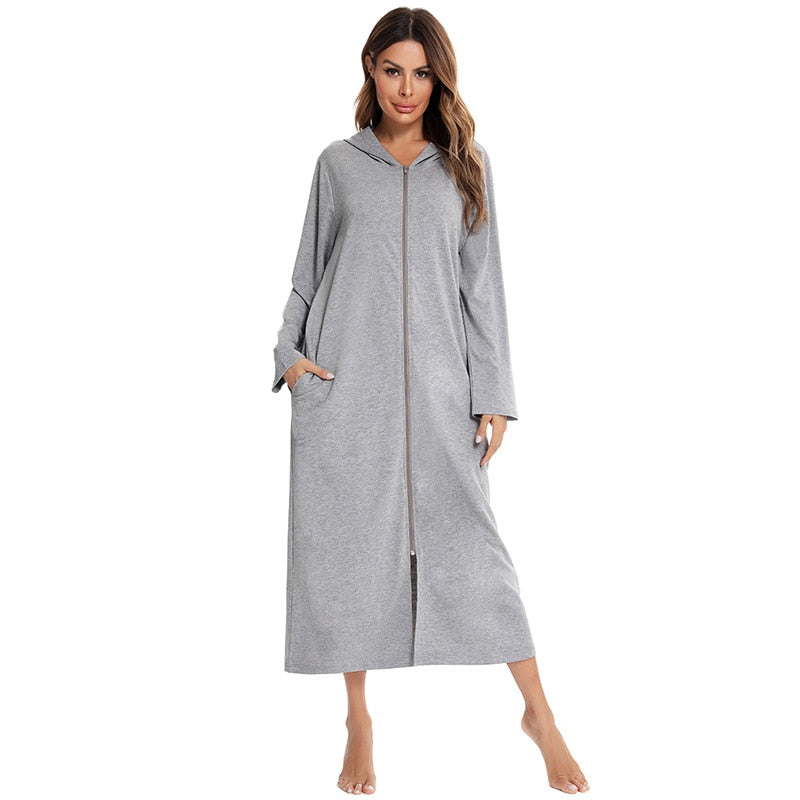 Women's Hooded Fleece Nightdress Zip-Up