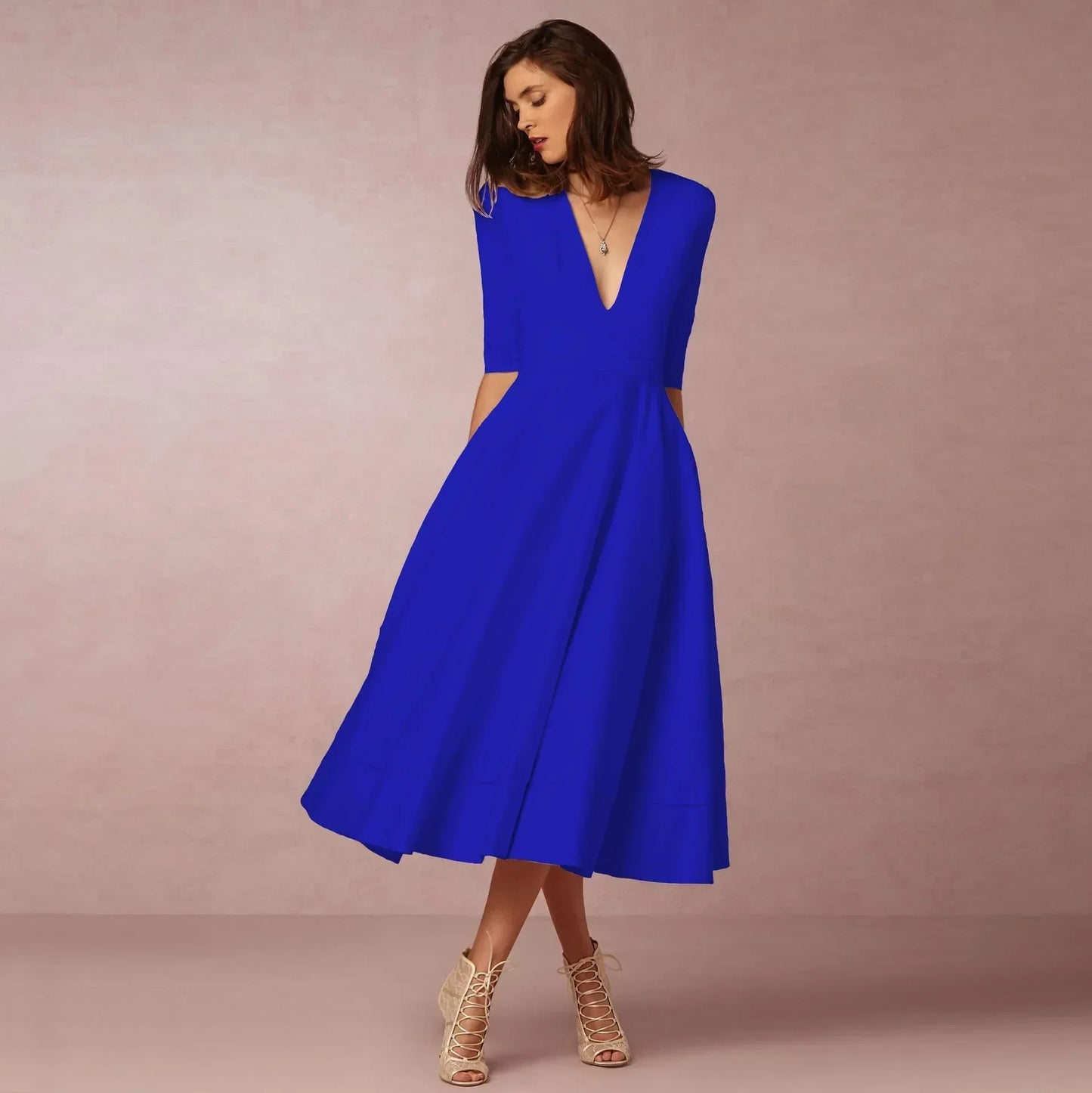 Women's Deep V-Neck Midi Dress Half Sleeves Flared Skirt