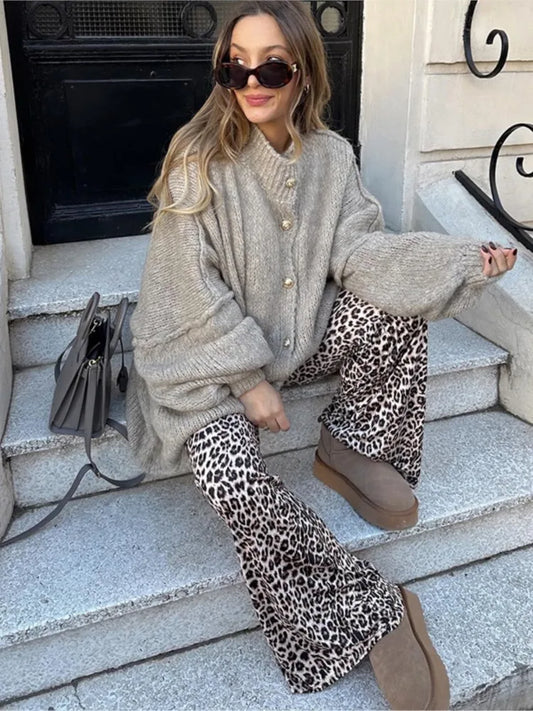 Women's Cardigan Sweater Ribbed Knit Cuffed Sleeves - Fashinoza