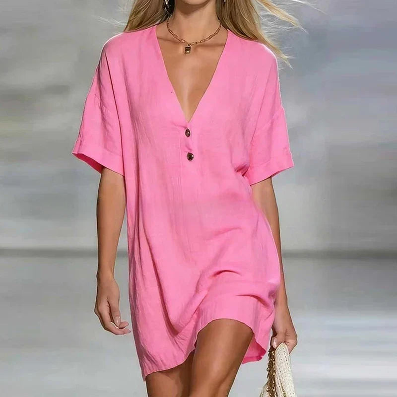 Linen V Neck Shirt Dress