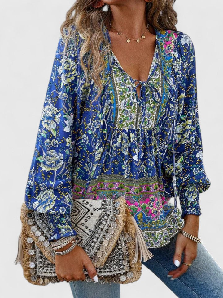 Women's V-Neck Puff Sleeve Blouse Floral