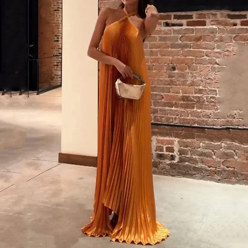 Women's Pleated Halter Maxi Dress Evening