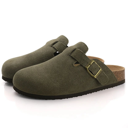 Women's Faux Suede Mules Cork Sole Clogs with Adjustable Buckle Strap