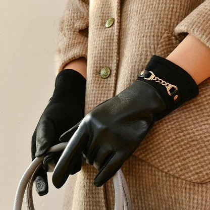 Women's Fitted Wrist Gloves Chain Accent - 
Fashinoza