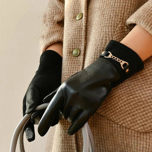 Women's Fitted Wrist Gloves Chain Accent - 
Fashinoza