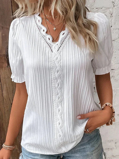 Women's Pintuck Blouse V Neck Short Sleeve - Fashinoza
