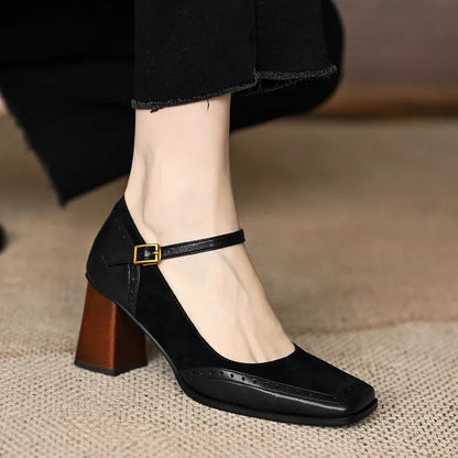 Women's Block Heel Pumps Ankle Strap Brown Leather