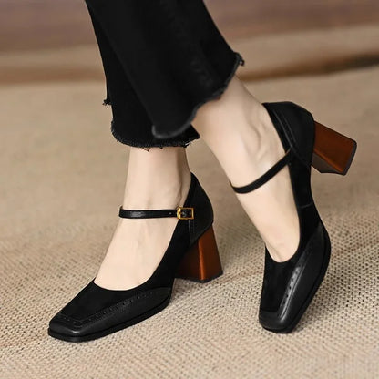 Women's Block Heel Pumps Ankle Strap Brown Leather