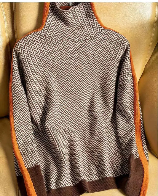 Women's Herringbone Turtleneck Sweater - Fashinoza