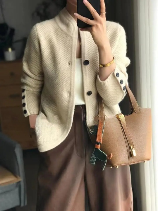 Women's Cardigan Sweater Button Front Contrast Cuffs - 
Fashinoza