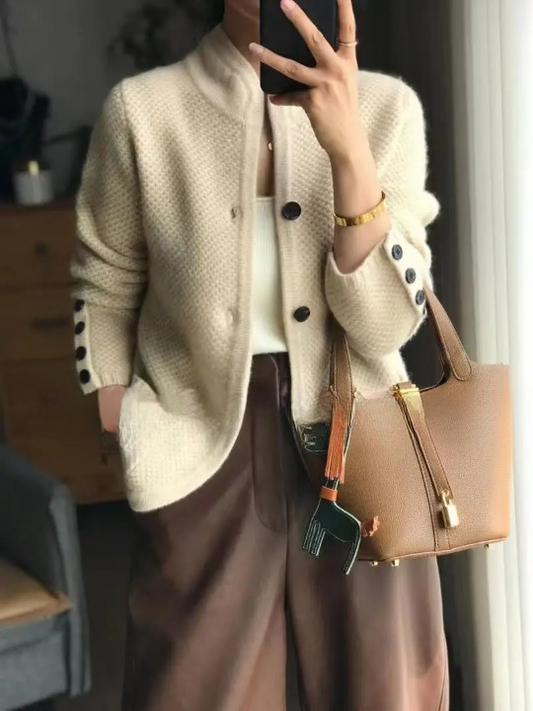 Women's Cardigan Sweater Button Front Contrast Cuffs - 
Fashinoza