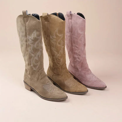 Women's Cowboy Boots Embroidered Brown Leather Chunky Heel