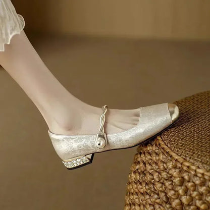 Women's Mary Jane Shoes Pearl Strap Glitter Block Heel