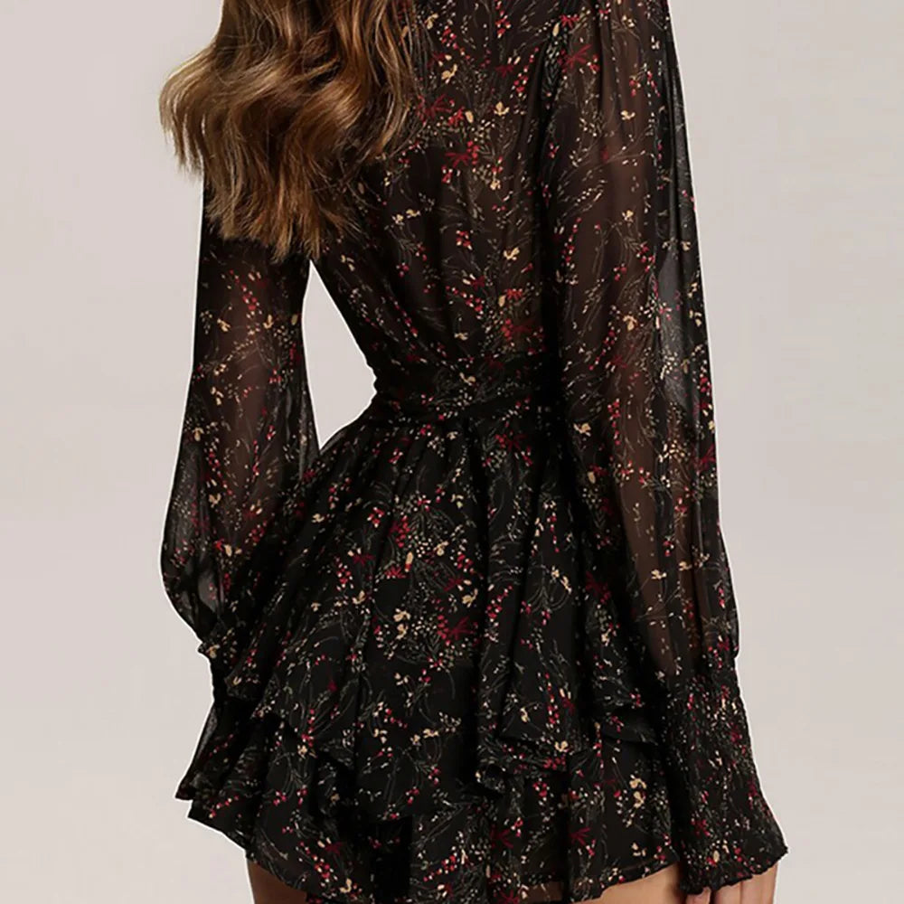 Women's Floral Mini Dress Ruffle Sleeves